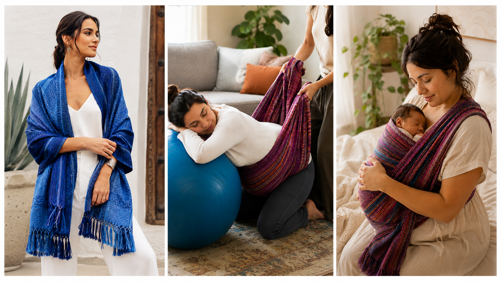 A three-panel collage showing a women's wrap shawl or baby wrap in use. On the left, a woman wears a bright blue fringed wrap over a white dress.