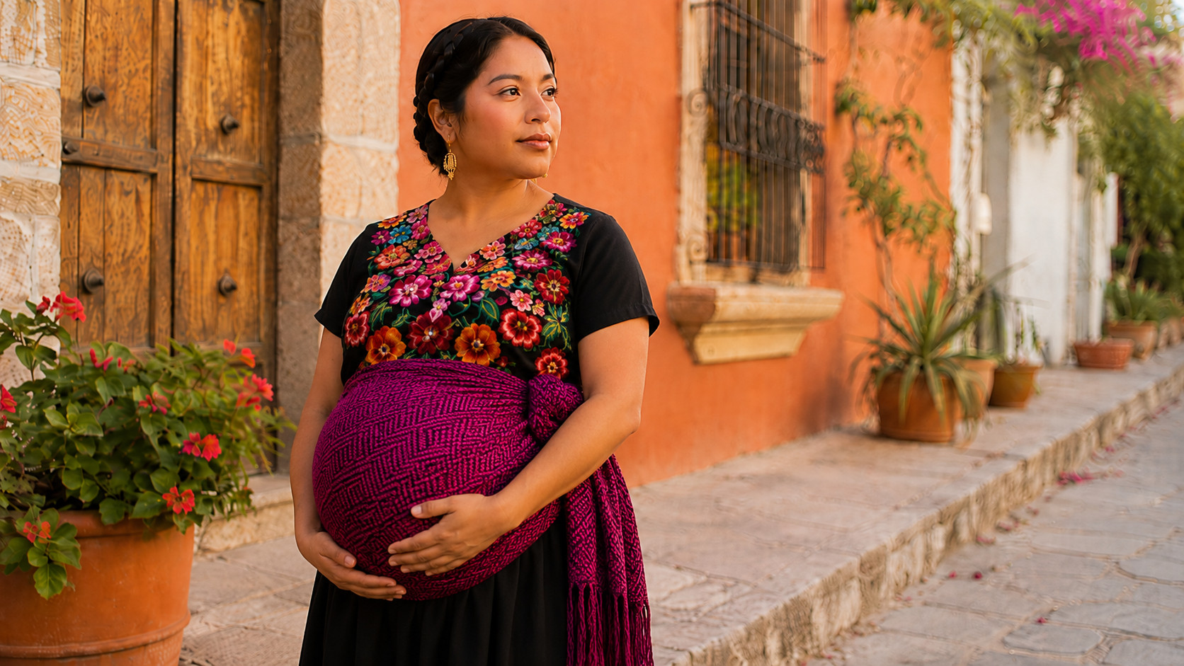 A pregnant woman stands outdoors in a rustic street setting, wearing a black embroidered blouse and a dark skirt with a bright magenta wrap around her belly.